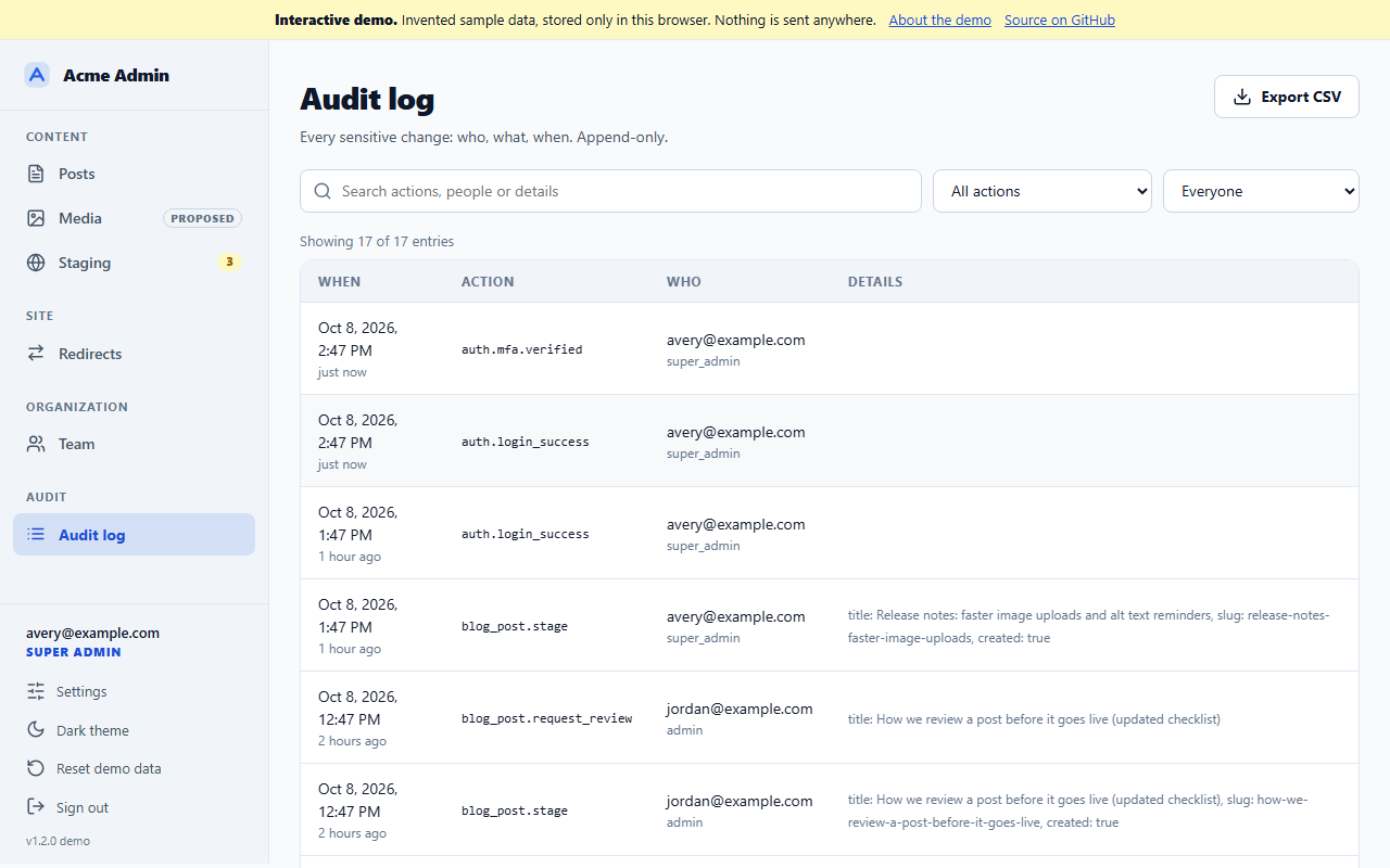 The audit log: a filterable table of every sign-in, publish, team and redirect change, with an export button.
