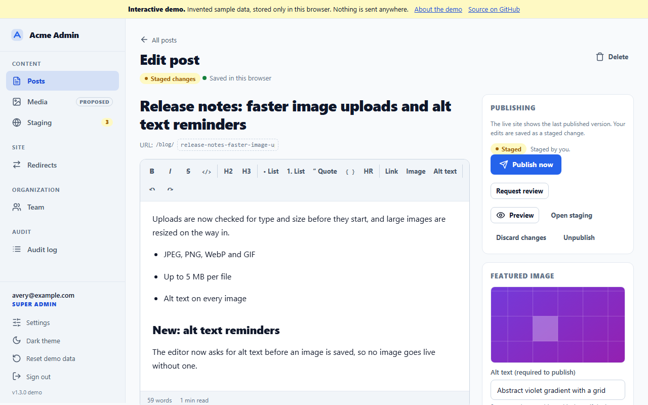 The post editor on a live post with staged changes: a large title, a URL slug, a formatting toolbar with strike, inline code, code block, divider and Alt text buttons, the rich-text body, a publishing panel with Publish now and Request review, and a featured image with its required alt text.