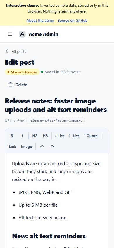 The editor on a phone: the title wraps, the toolbar wraps onto two rows above the body text.