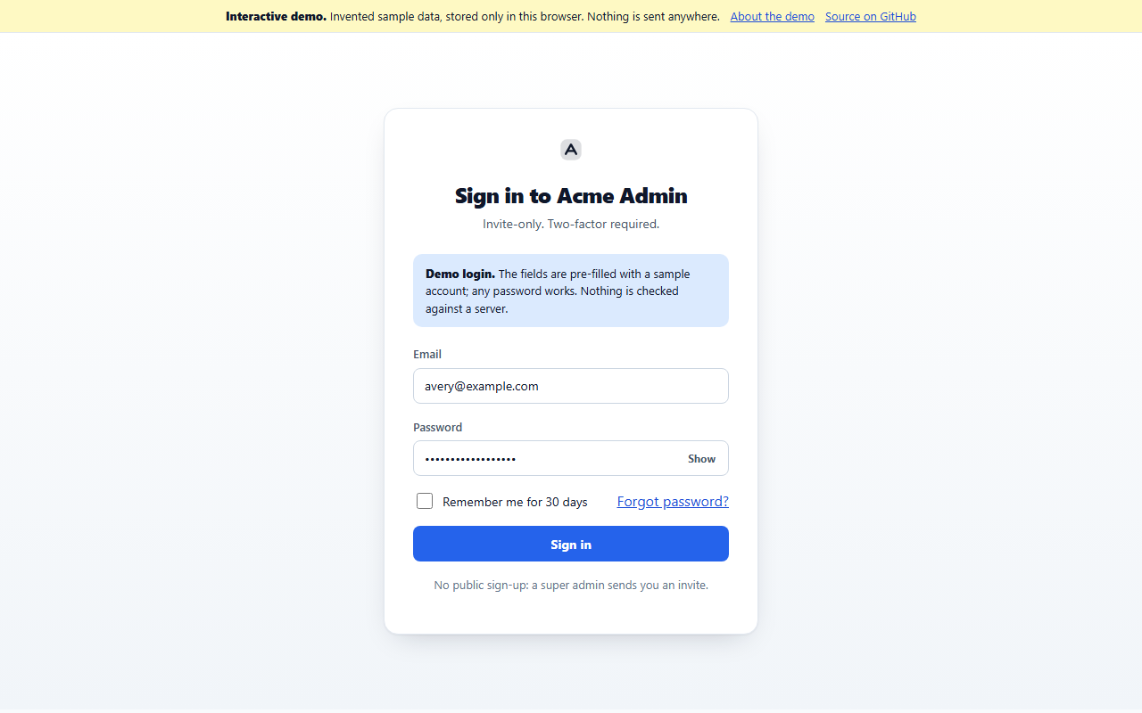 The sign-in screen, labeled as a demo login, with email, password, remember me and forgot password.