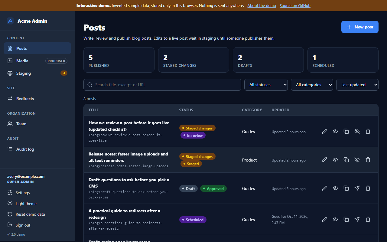The posts list in the dark theme.