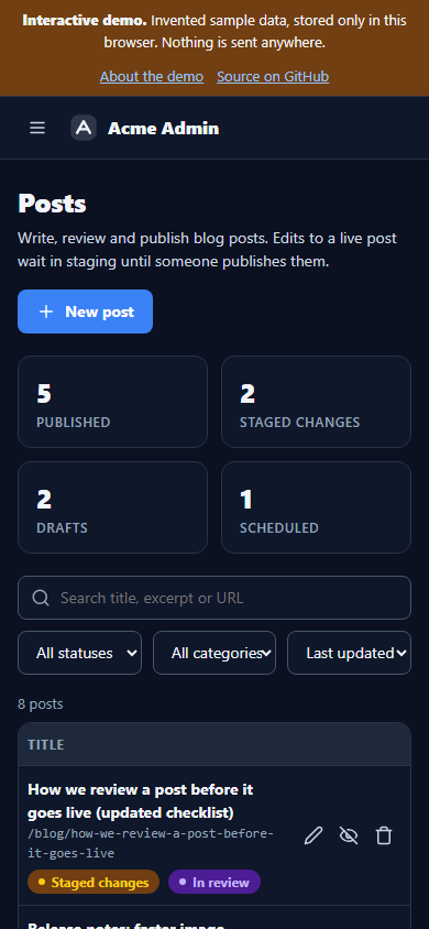 The posts list on a phone in the dark theme, with a menu button, stacked filters and compact rows.