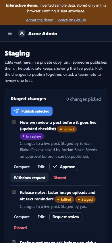 The staging page on a phone in the dark theme, with the staged changes stacked and their buttons wrapping under each title.