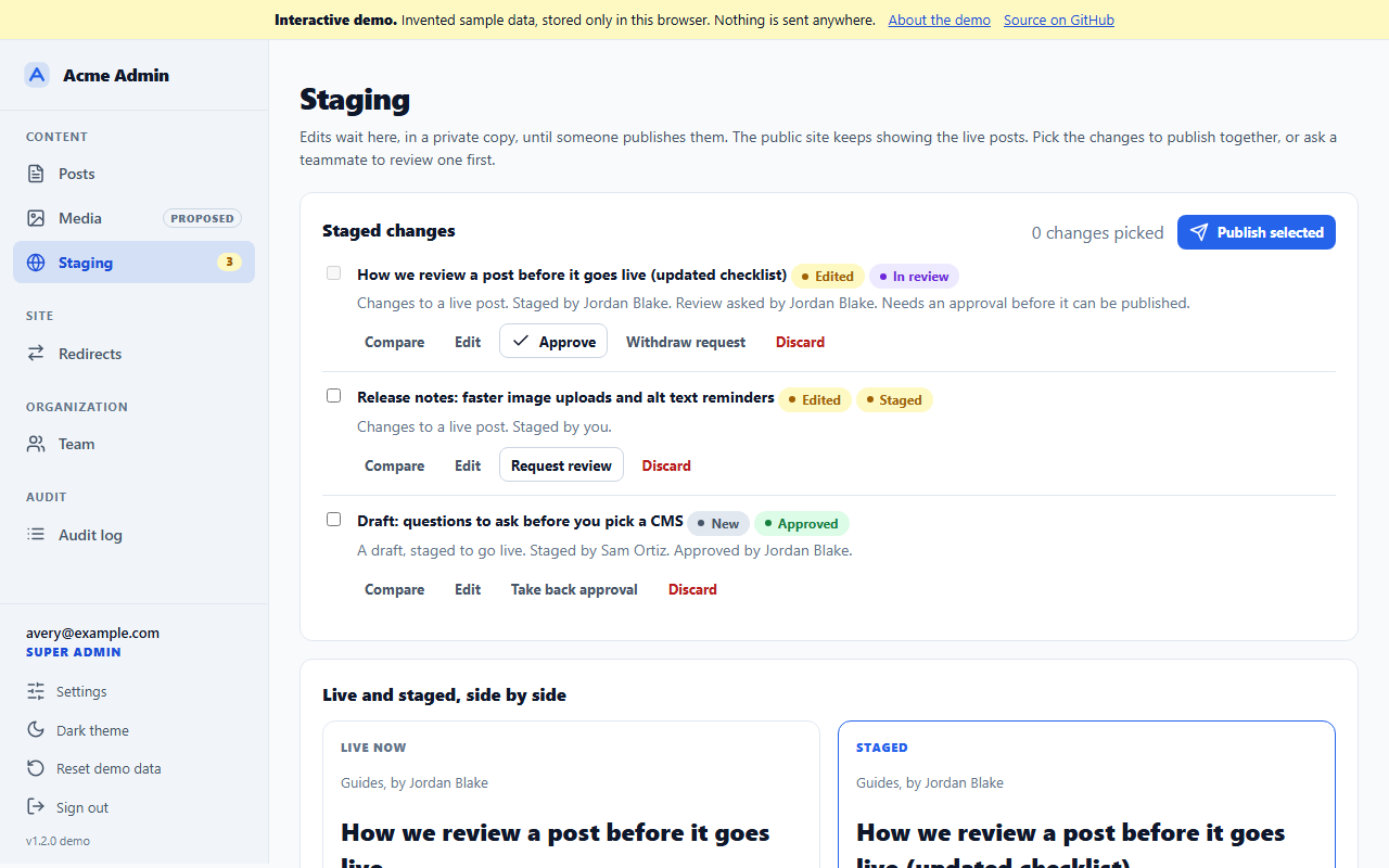 The staging page: a list of staged changes with checkboxes, Edited, New, Staged, In review and Approved labels, Compare, Request review, Approve and Discard buttons, Publish selected, and the live and staged versions side by side.